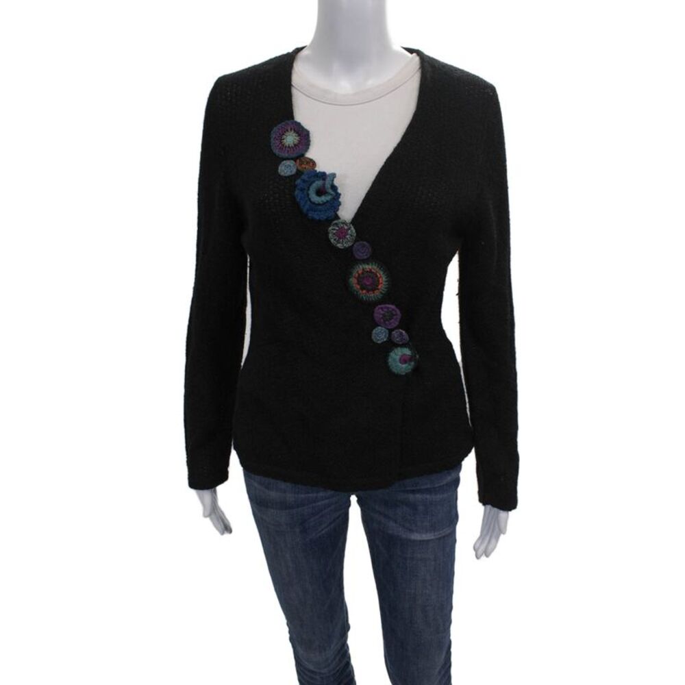 Beyond Threads Womens Black Baby Alpaca V-Neck Cardigan Long Sleeve Size M